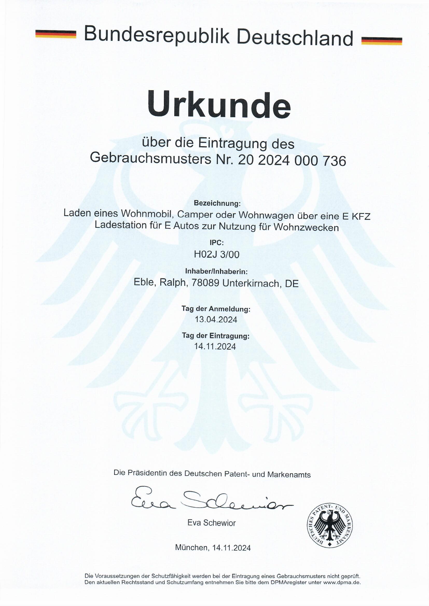 Patenturkunde - System zum Laden von Wohnmobilen über E-Auto-Ladestationen